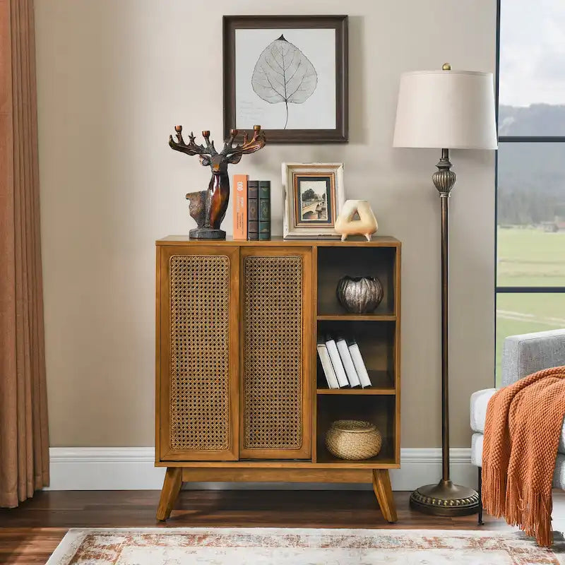 Mid Century Modern Rattan Sideboard Cabinet, Buffet Cabinet, Adjustable Shelf & Solid Wood Feet & Rattan Cabinet Doors