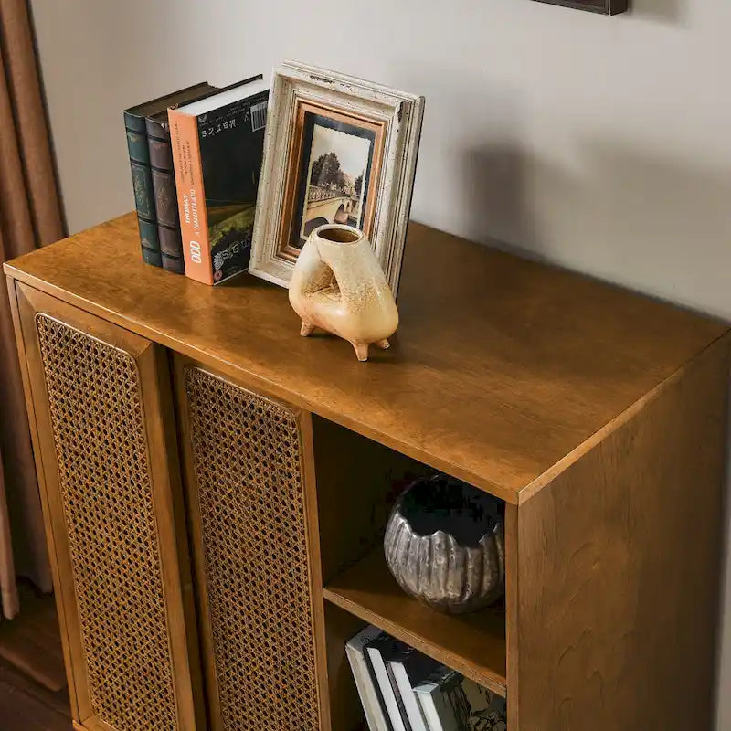 Mid Century Modern Rattan Sideboard Cabinet, Buffet Cabinet, Adjustable Shelf & Solid Wood Feet & Rattan Cabinet Doors