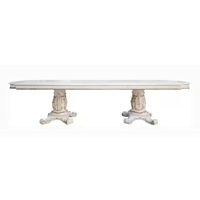 Table à manger extensible, double piédestal, 84-120 pouces, blanc perle antique
