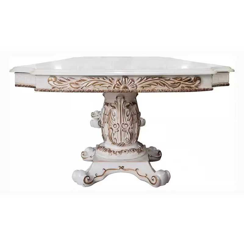 Table à manger extensible, double piédestal, 84-120 pouces, blanc perle antique