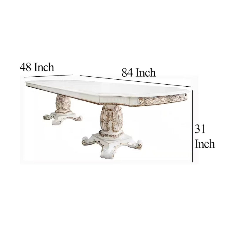 Table à manger extensible, double piédestal, 84-120 pouces, blanc perle antique