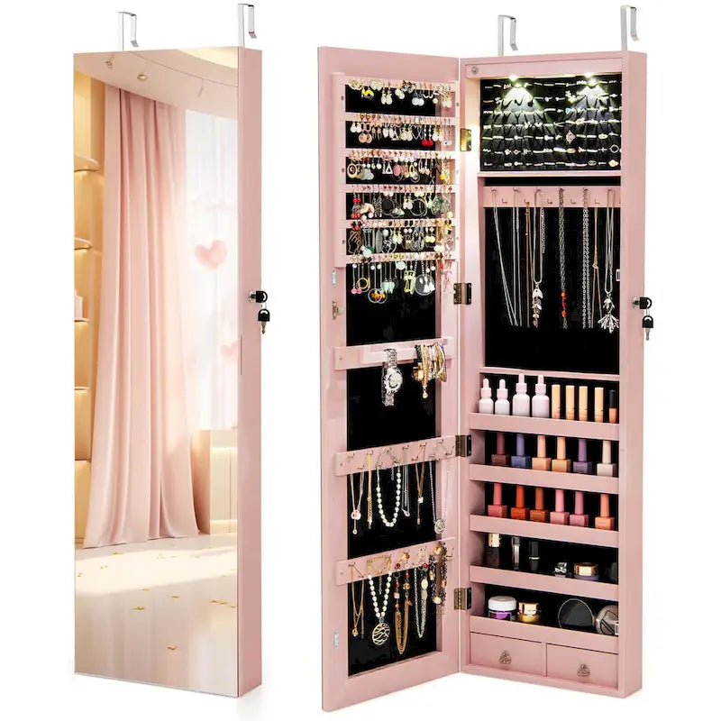 Costway Mirrored Wall & Door Mounted Jewelry Cabinet Storage Organizer - See Details