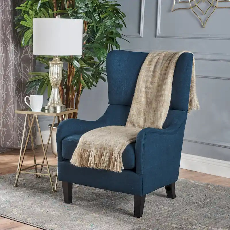 Fauteuil d'appoint moderne 27" à haut dossier, bleu marine, avec pieds en bois de bouleau et dossier incurvé pour salon