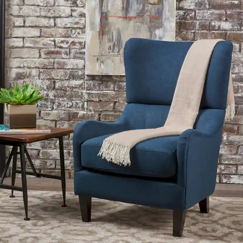 Fauteuil d'appoint moderne 27" à haut dossier, bleu marine, avec pieds en bois de bouleau et dossier incurvé pour salon