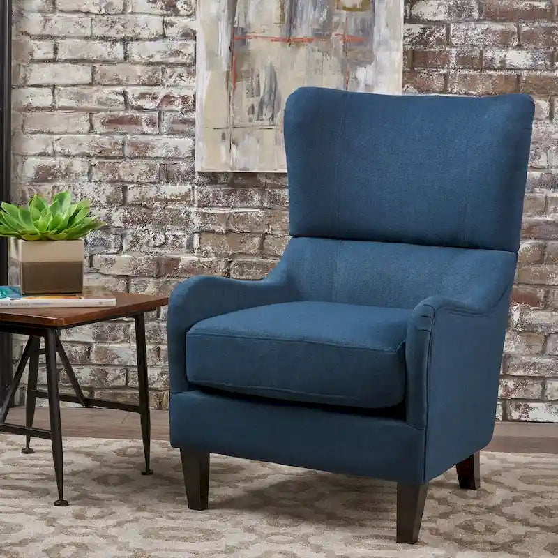 Fauteuil d'appoint moderne 27" à haut dossier, bleu marine, avec pieds en bois de bouleau et dossier incurvé pour salon