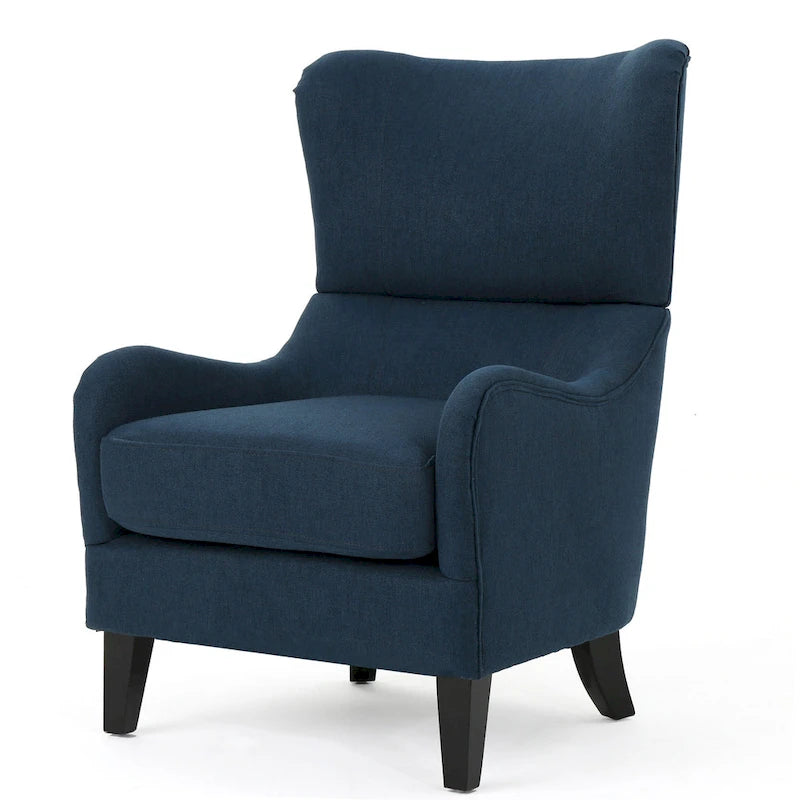 Fauteuil d'appoint moderne 27" à haut dossier, bleu marine, avec pieds en bois de bouleau et dossier incurvé pour salon
