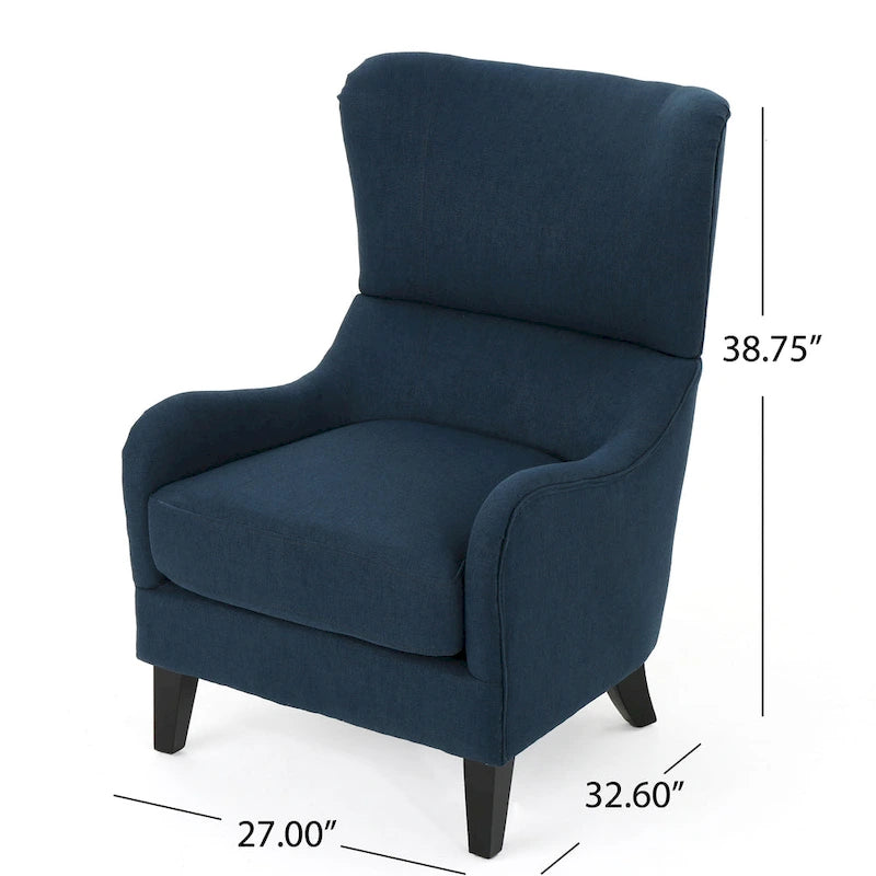 Fauteuil d'appoint moderne 27" à haut dossier, bleu marine, avec pieds en bois de bouleau et dossier incurvé pour salon
