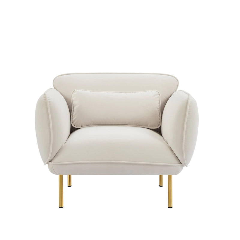 Fauteuil d'appoint moderne en velours beige de 93 cm avec pieds en métal robustes pour le salon