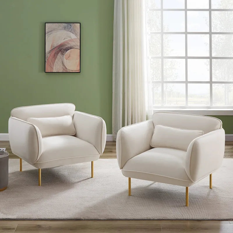 Fauteuil d'appoint moderne en velours beige de 93 cm avec pieds en métal robustes pour le salon