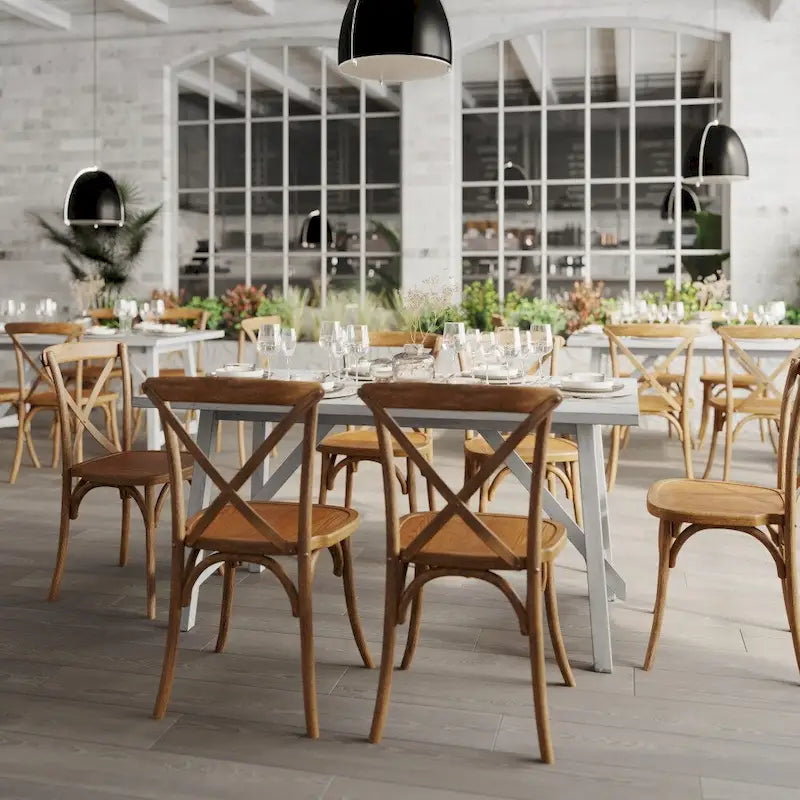 Table à manger en bois massif de qualité commerciale avec piètement tréteau