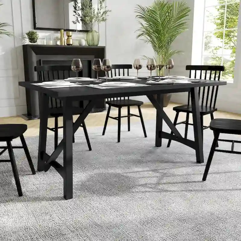 Table à manger en bois massif de qualité commerciale avec piètement tréteau
