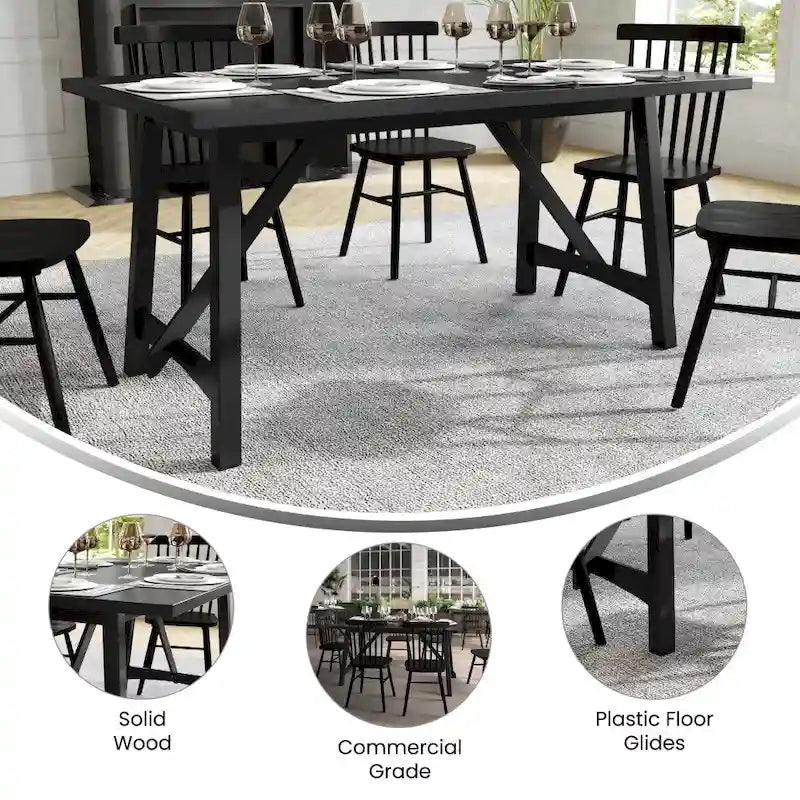 Table à manger en bois massif de qualité commerciale avec piètement tréteau