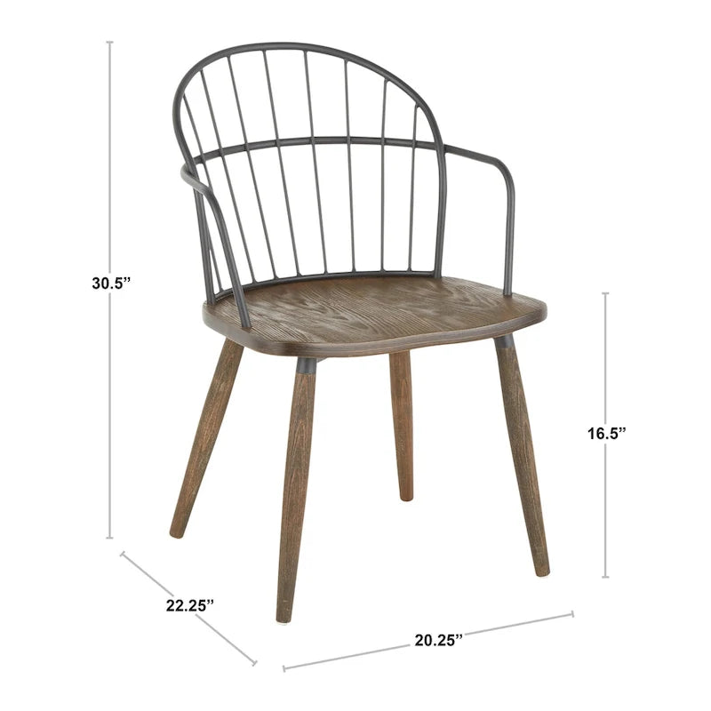 Chaise industrielle à dossier fuseau en noyer foncé et métal noir