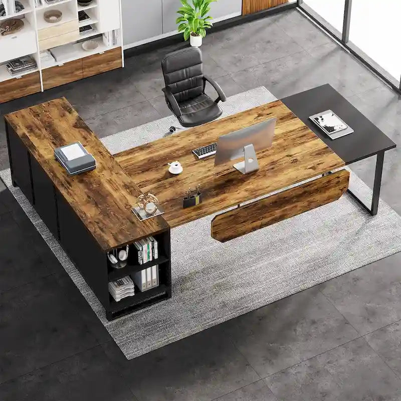 Bureau de direction de 180 cm avec classeur de 140 cm, grand bureau d'ordinateur en L avec étagères de rangement et armoire