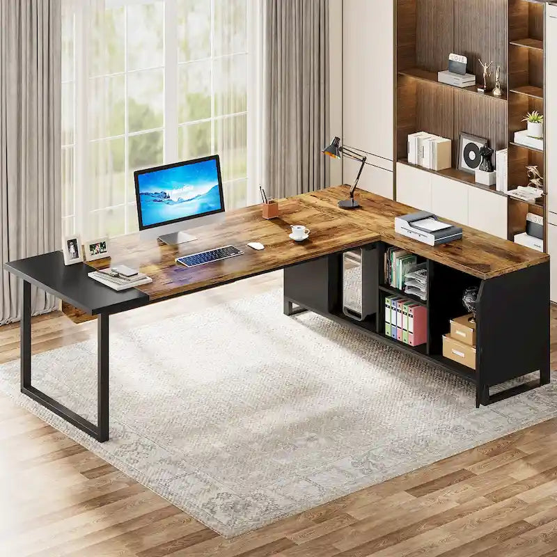 Bureau de direction de 180 cm avec classeur de 140 cm, grand bureau d'ordinateur en L avec étagères de rangement et armoire