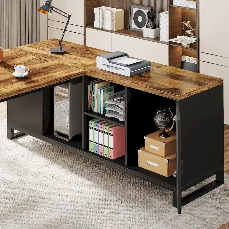 Bureau de direction de 180 cm avec classeur de 140 cm, grand bureau d'ordinateur en L avec étagères de rangement et armoire