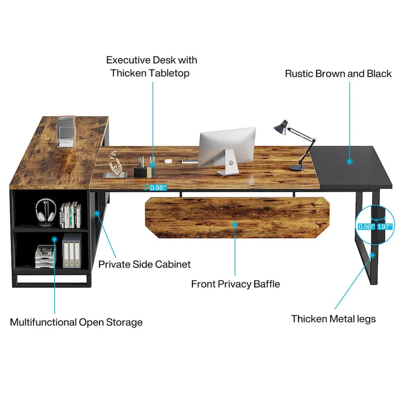 Bureau de direction de 180 cm avec classeur de 140 cm, grand bureau d'ordinateur en L avec étagères de rangement et armoire