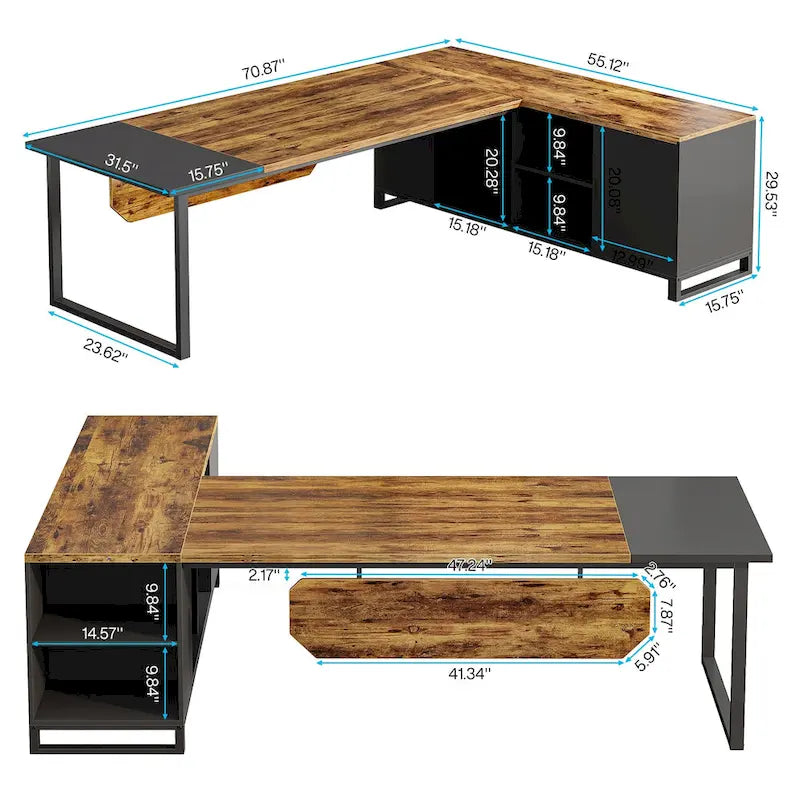 Bureau de direction de 180 cm avec classeur de 140 cm, grand bureau d'ordinateur en L avec étagères de rangement et armoire