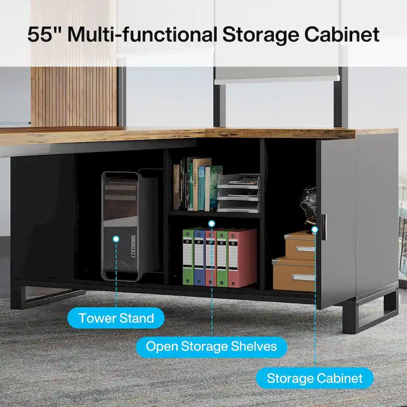 Bureau de direction de 180 cm avec classeur de 140 cm, grand bureau d'ordinateur en L avec étagères de rangement et armoire