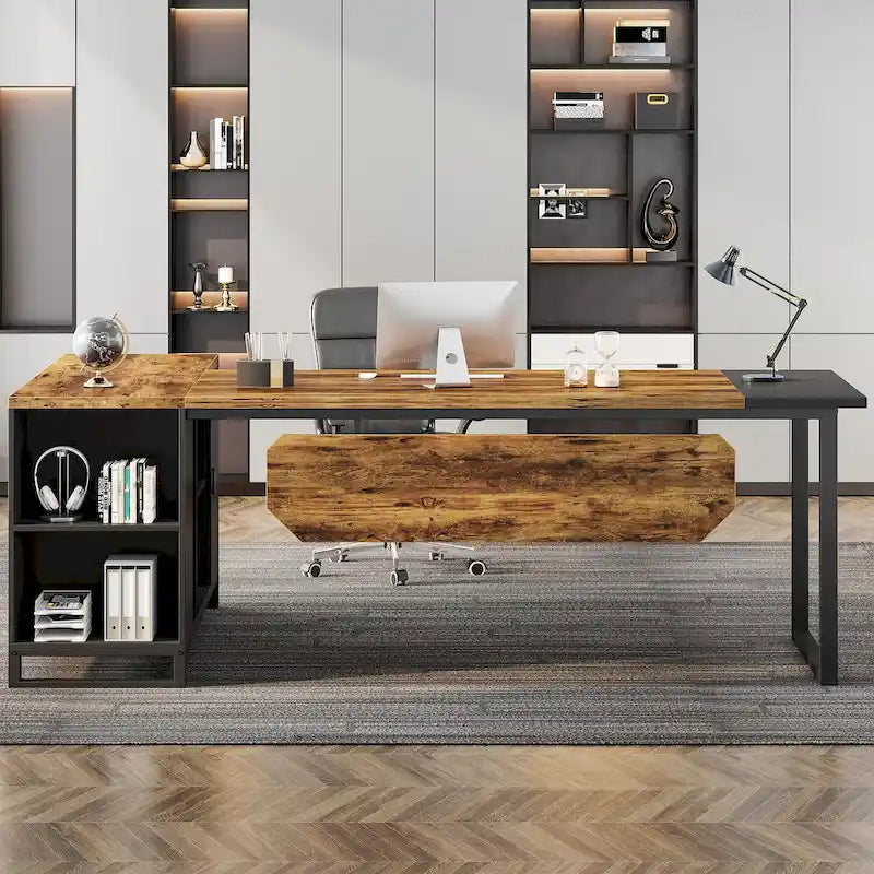 Bureau de direction de 180 cm avec classeur de 140 cm, grand bureau d'ordinateur en L avec étagères de rangement et armoire