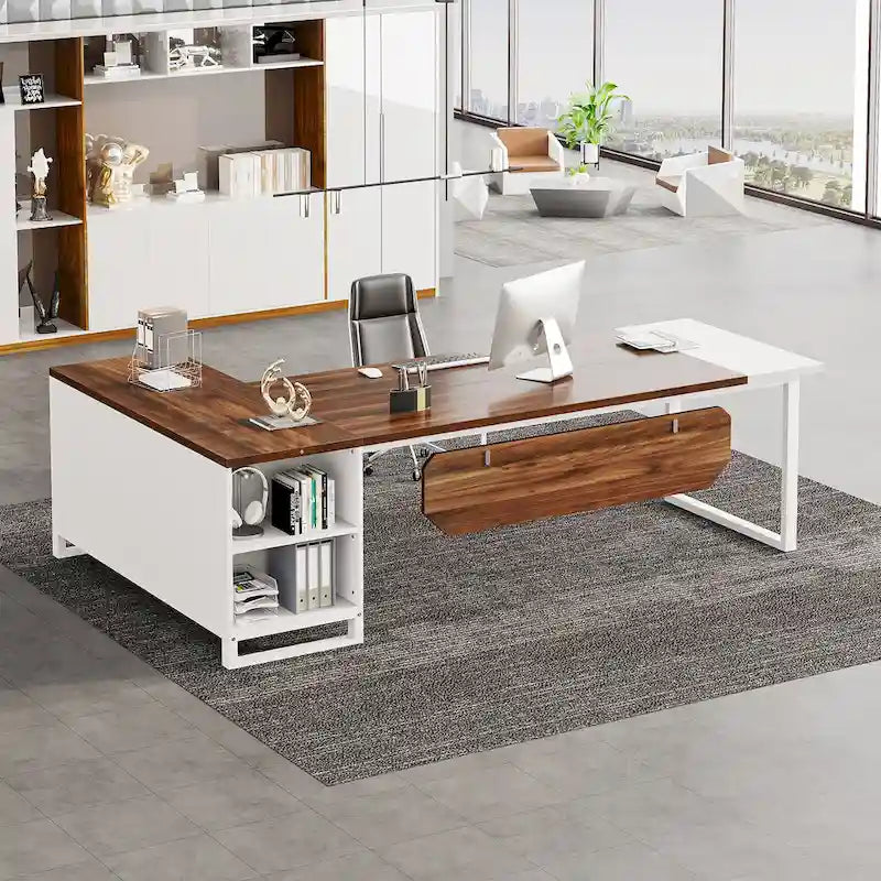 Bureau de direction de 180 cm avec classeur de 140 cm, grand bureau d'ordinateur en L avec étagères de rangement et armoire