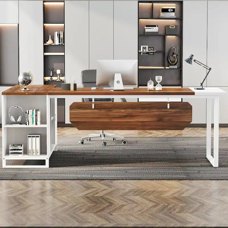 Bureau de direction de 180 cm avec classeur de 140 cm, grand bureau d'ordinateur en L avec étagères de rangement et armoire