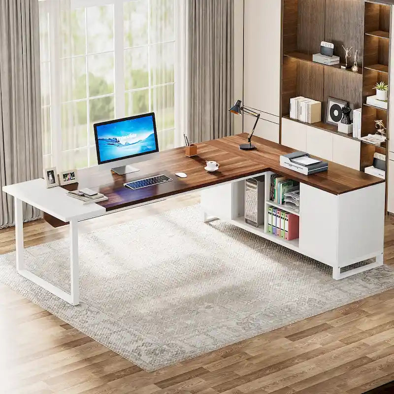 Bureau de direction de 180 cm avec classeur de 140 cm, grand bureau d'ordinateur en L avec étagères de rangement et armoire