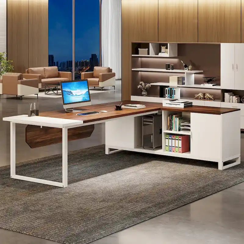 Bureau de direction de 180 cm avec classeur de 140 cm, grand bureau d'ordinateur en L avec étagères de rangement et armoire