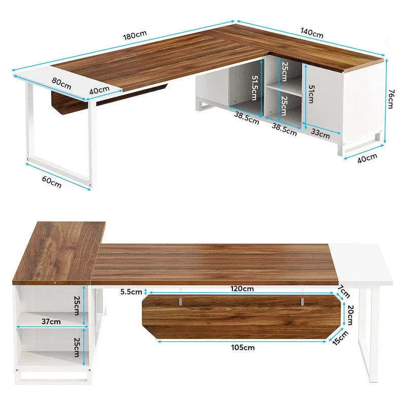 Bureau de direction de 180 cm avec classeur de 140 cm, grand bureau d'ordinateur en L avec étagères de rangement et armoire