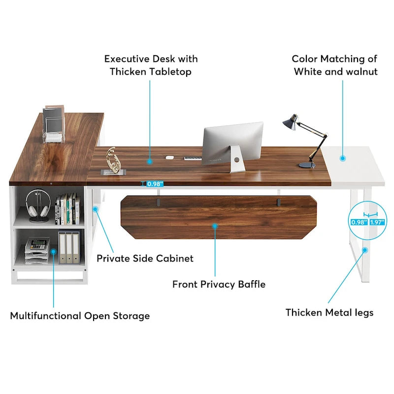 Bureau de direction de 180 cm avec classeur de 140 cm, grand bureau d'ordinateur en L avec étagères de rangement et armoire