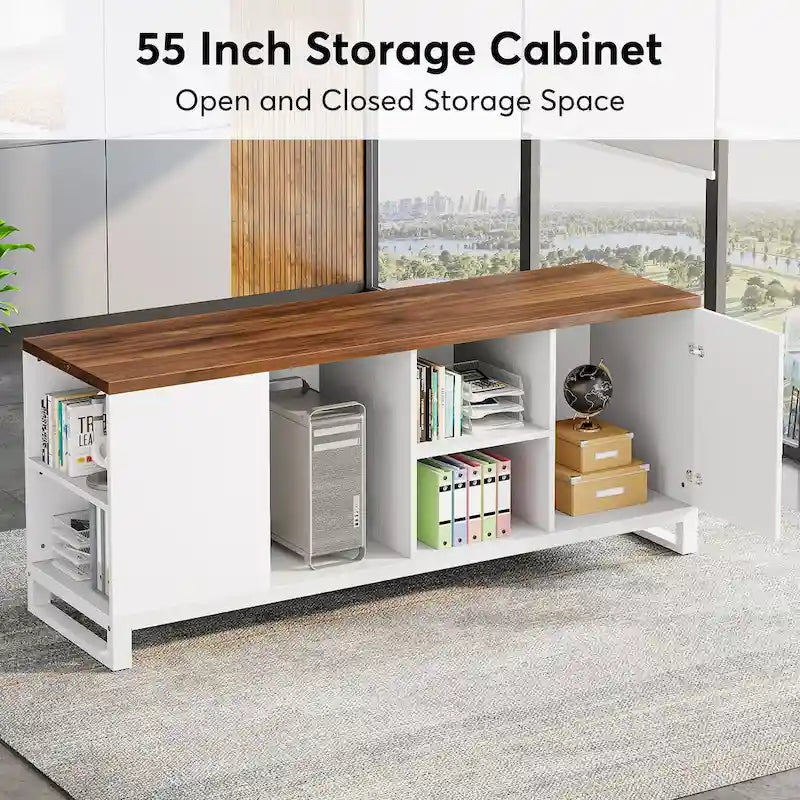 Bureau de direction de 180 cm avec classeur de 140 cm, grand bureau d'ordinateur en L avec étagères de rangement et armoire