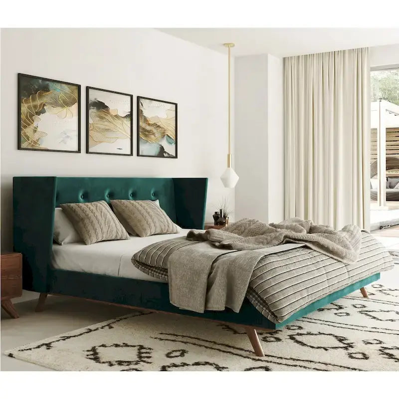 Lit moderne en velours vert et noyer