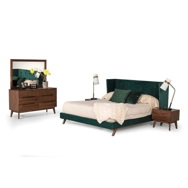 Lit moderne en velours vert et noyer