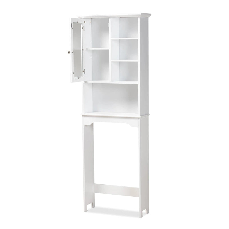 Meuble de rangement de salle de bain mural au-dessus des toilettes en bois blanc avec finition.