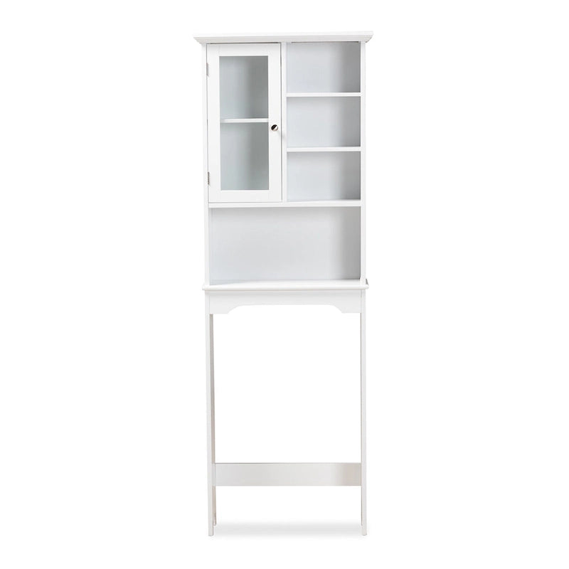 Meuble de rangement de salle de bain mural au-dessus des toilettes en bois blanc avec finition.