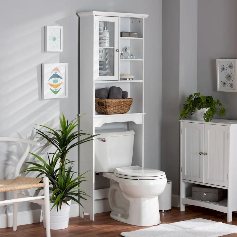 Meuble de rangement de salle de bain mural au-dessus des toilettes en bois blanc avec finition.