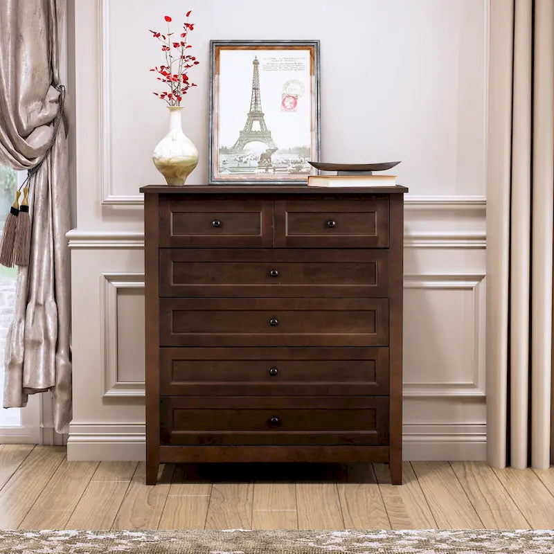 Solid Wood Spray-Painted Drawer Dresser Cabinet with Retro Round Handle, Auburn