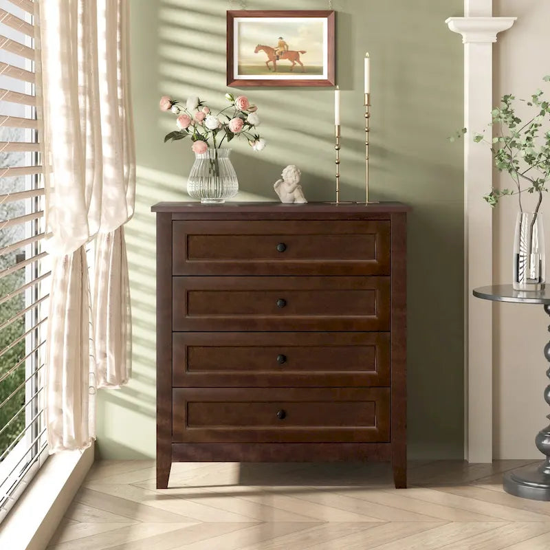 Commode en bois massif laquée avec poignée ronde rétro, auburn