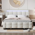 Lit plateforme capitonné Queen Size avec cadre LED et 4 tiroirs, tissu de lin