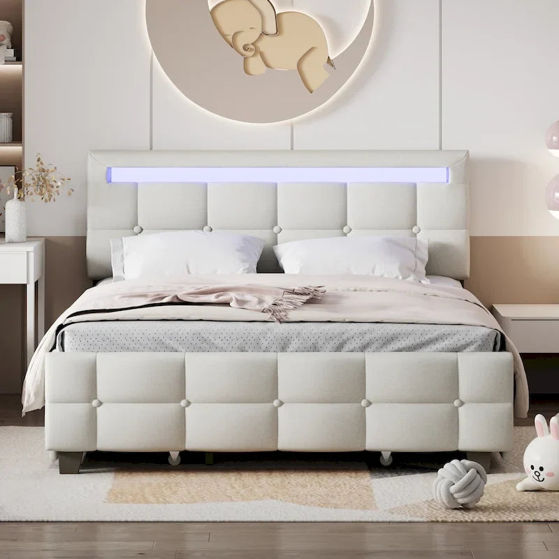 Lit plateforme capitonné Queen Size avec cadre LED et 4 tiroirs, tissu de lin