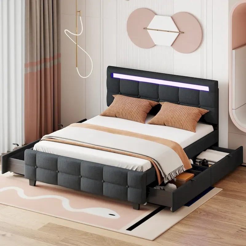 Lit plateforme capitonné Queen Size avec cadre LED et 4 tiroirs, tissu de lin