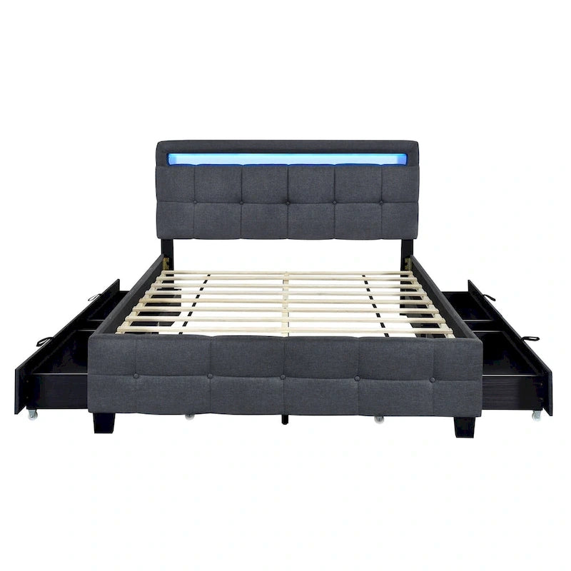 Lit plateforme capitonné Queen Size avec cadre LED et 4 tiroirs, tissu de lin