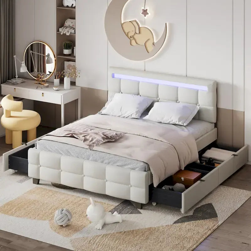Lit plateforme capitonné Queen Size avec cadre LED et 4 tiroirs, tissu de lin
