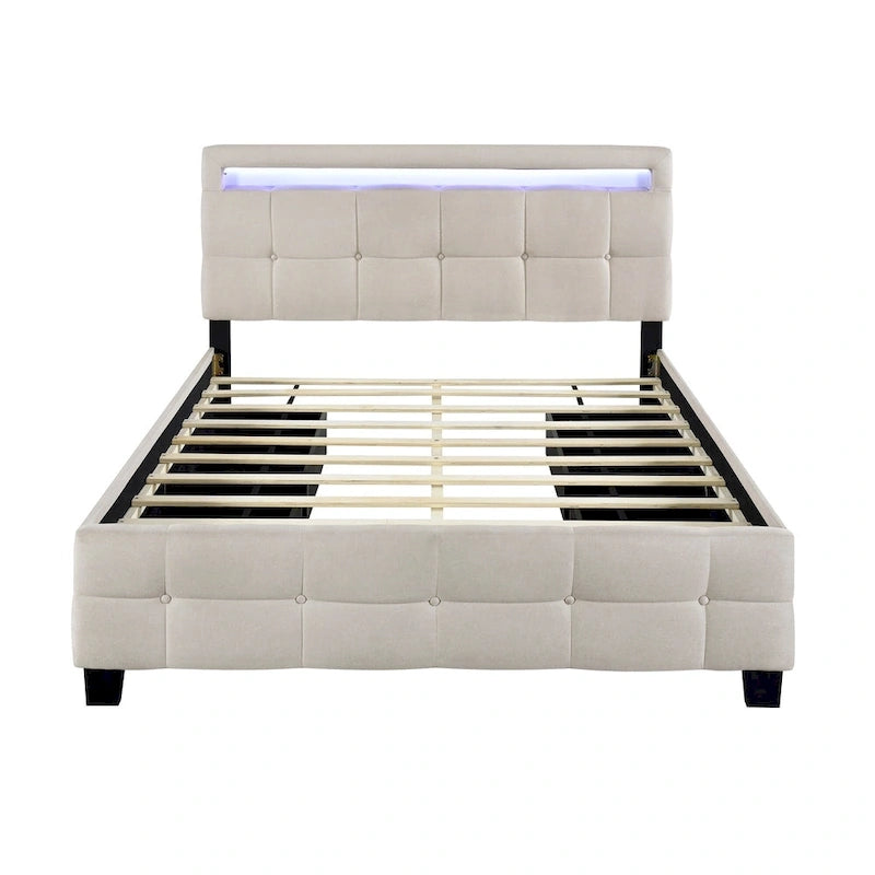 Lit plateforme capitonné Queen Size avec cadre LED et 4 tiroirs, tissu de lin
