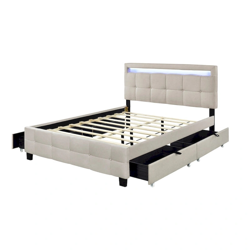 Lit plateforme capitonné Queen Size avec cadre LED et 4 tiroirs, tissu de lin