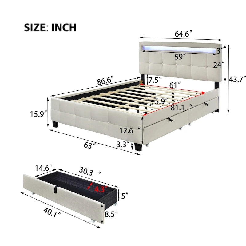 Lit plateforme capitonné Queen Size avec cadre LED et 4 tiroirs, tissu de lin