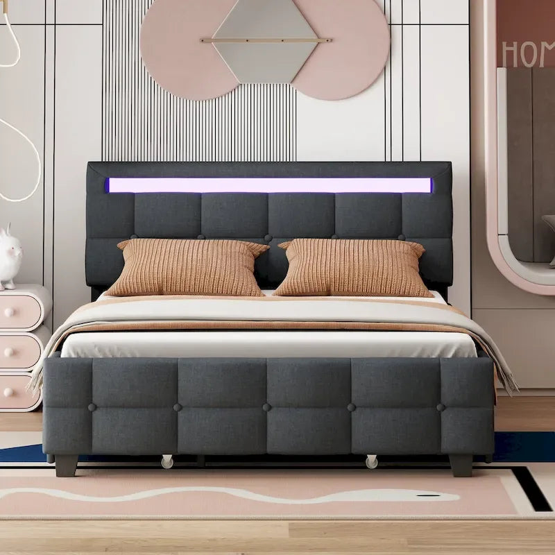 Lit plateforme capitonné Queen Size avec cadre LED et 4 tiroirs, tissu de lin