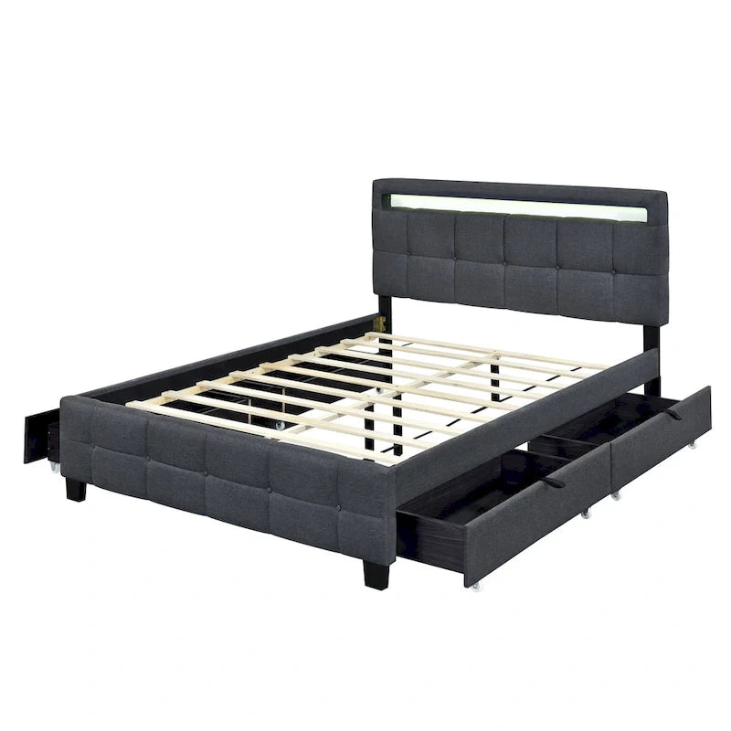 Lit plateforme capitonné Queen Size avec cadre LED et 4 tiroirs, tissu de lin
