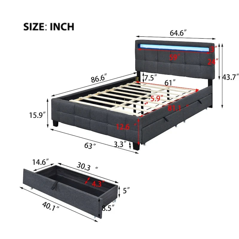 Lit plateforme capitonné Queen Size avec cadre LED et 4 tiroirs, tissu de lin