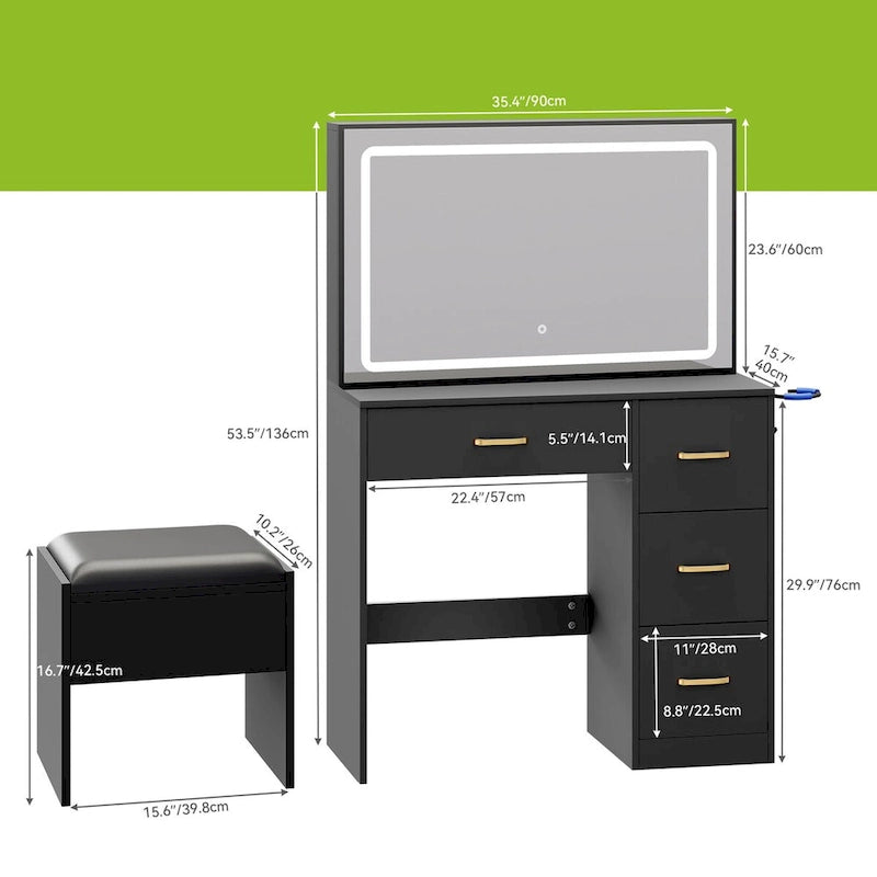 35.4 Vanity with Built-In Outlets and Lighted Mirror - 53.5H x 35.4W x 15.7D